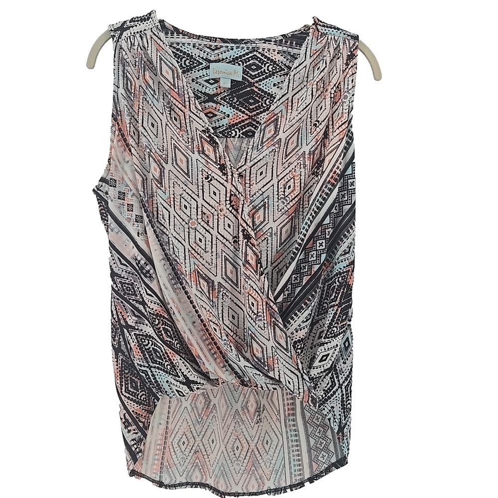 Veronica M. Women's XS Geometric Print Sleeveless Faux Wrap Stretch Knit Top